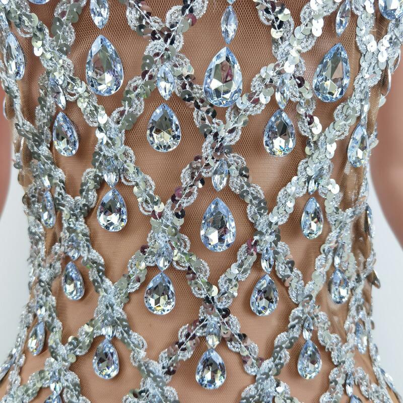 Блестящее Серебряное платье с кристаллами и блестками, сексуальное Сетчатое вечернее платье без рукавов для празднования выпускного вечера, наряд для дня рождения, сценическая одежда Y2301009