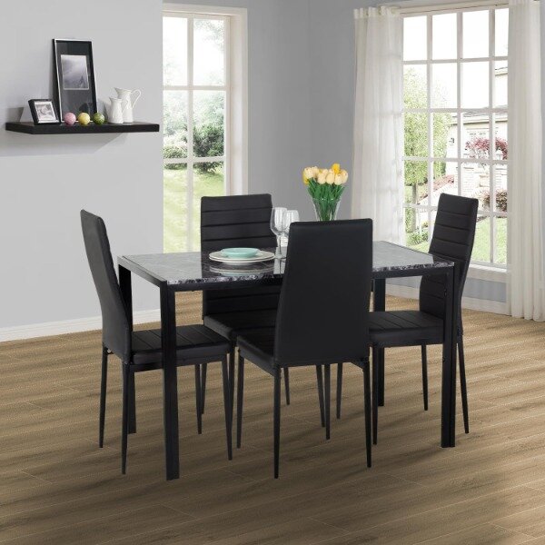 PayLessHere-Mesa de jantar e cadeiras, mesa de mármore retangular moderna, 4 cadeiras de couro PU para sala de jantar e cozinha