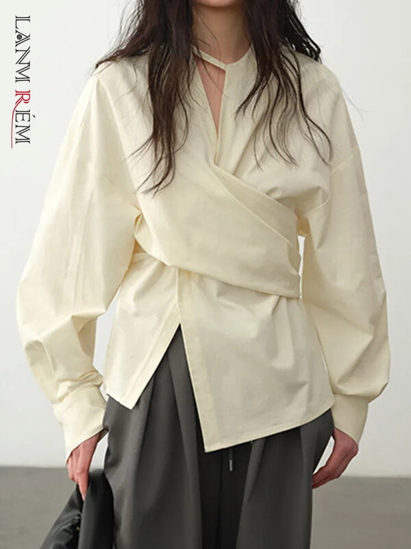 [LANMREM] Asymmetrical Women Shirt V Neck Long Sleeve Bandage Design Top female Blouse Fashion Woman 2024 Novelt Autumn 26D4283