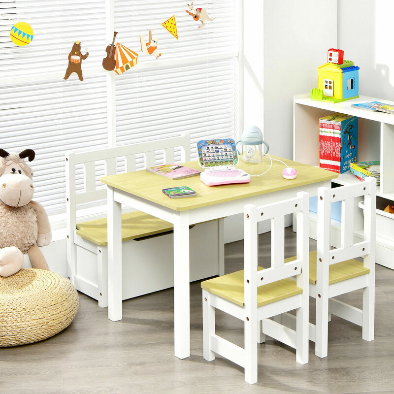 4 szt. Drewniany stół dla dzieci i zestaw mebli z krzesłami z ławka do przechowywania biurko szkolne