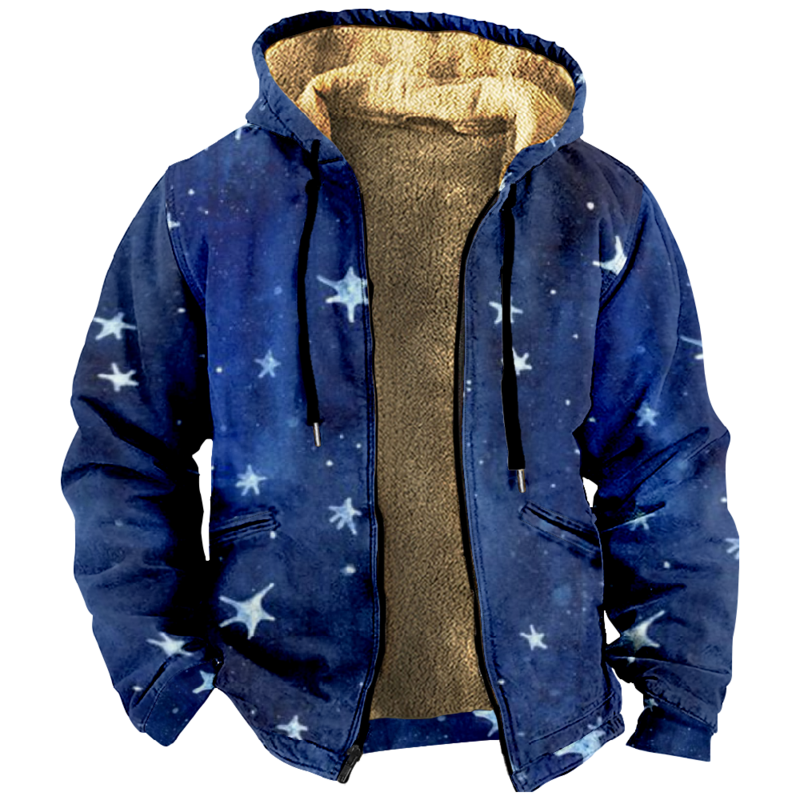 Stars Print Zipper Hoodie Men's Long Sleeve Thickened Winter Coat 3D Prints Streetwear Jacket