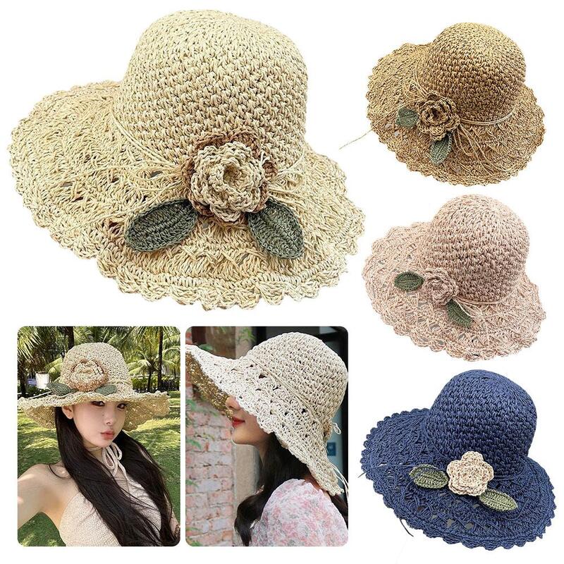 여성용 세련된 손으로 짠 꽃 태양 모자, 넓은 챙이 달린 해변 빨대 모자, 우아한 크로셰 빨대 모자, 여름 F5H5