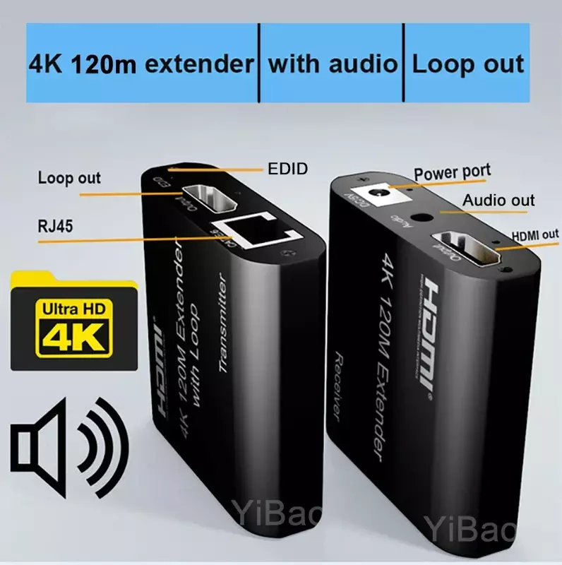 60 м HDMI-удлинитель для сетевого кабеля Cat6 Cat5e 1080P или 4K 120 м HDMI-удлинитель с аудиопетлей для PS4, ноутбука, ПК, проектора ТВ