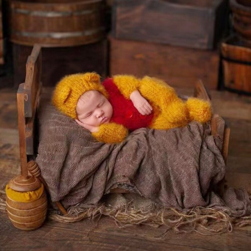 Puntelli per fotografia neonato Completi per ragazzi e ragazze Cappello da orso in mohair Cofano e pagliaccetto con piedi Set