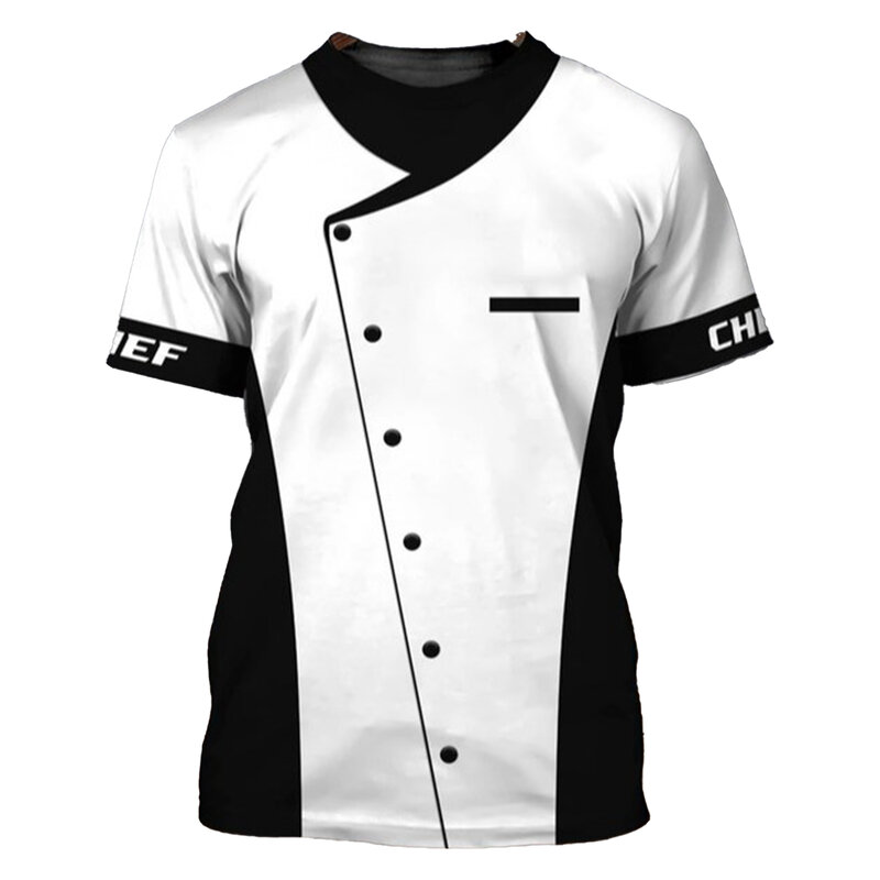 New Men Kitchen Hotel Chef Uniform Food Service Cook Top Short Sleeve Shirt Breathable Round Neck Chef Jackets Clothes T-shirts