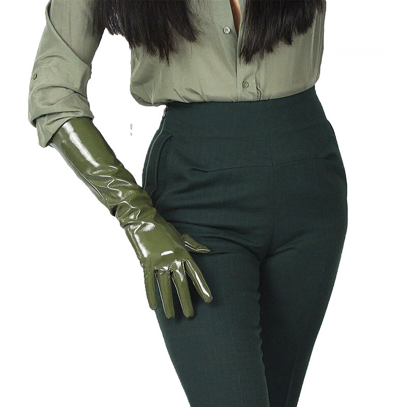 Damskie rękawiczki z lakierowanej skóry DooWay wyglądają jak oliwkowo-zielone Faux lateksowe modne na imprezę Cosplay operowe wieczorowe Halloween rękawice