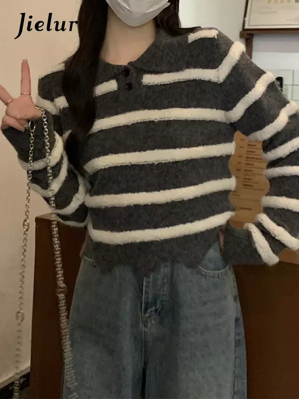 Jielur 한국 폴로 넥 줄무늬 여성 풀오버, 캐주얼 루즈 패션 풀오버, 간단한 기본 스트리트 스웨터, 가을