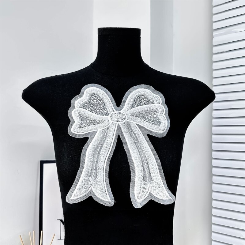 95AB bordado lentejuelas forma lazo anudado apliques acolchados parches artesanía ropa costura suministro mujer camisa suéter