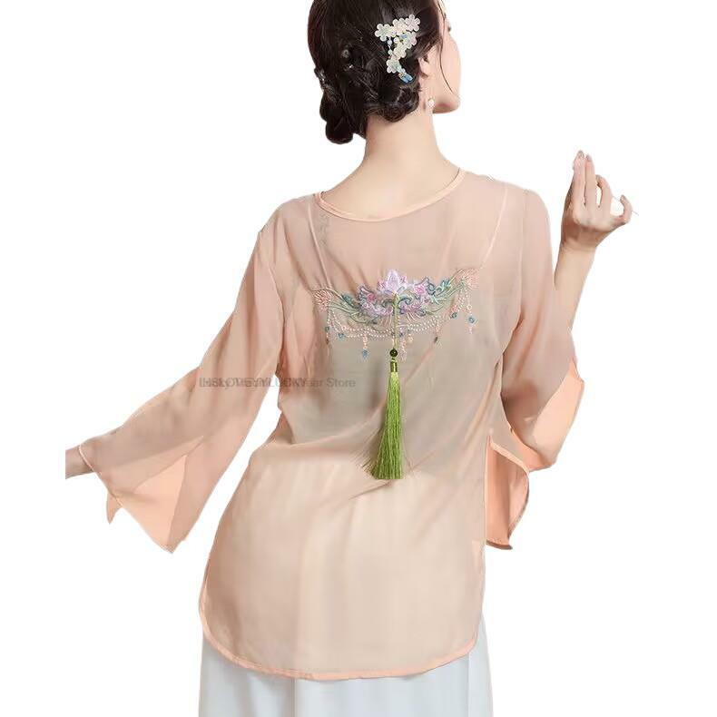 Atasan Wanita sifon tradisional Cina blus kardigan tari rakyat Cina kuno blus Cheongsam Atasan kemeja Hanfu bordir