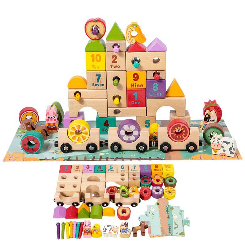 Juego de bloques de construcción de madera para niños, juguete de bloques de construcción ensamblados, rompecabezas, juguetes educativos tempranos