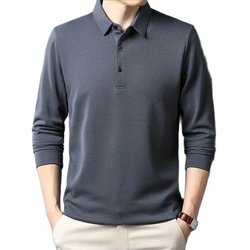 SHiONFA-T-shirt de waffle masculina, manga comprida, camisas polo casuais, gola virada para baixo confortável, monocromática, elástica, lazer, roupa de outono, 4XL