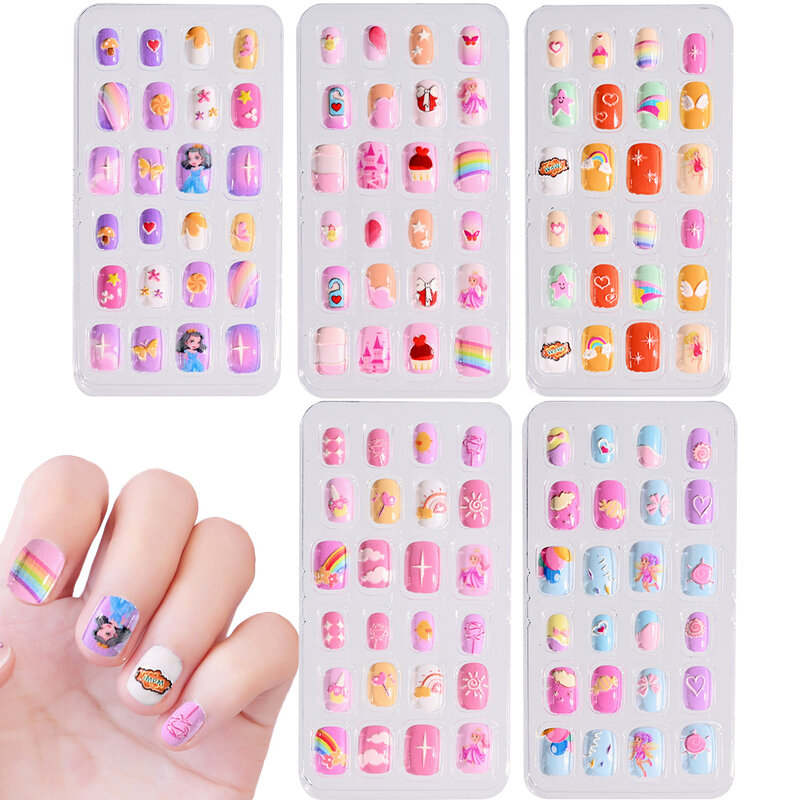 24Pcs/Box Press on Nails Children Fake Artificial Nail Tips Pre Glue Full Cover Short Acrylic Nails for Girl Kids Manicure