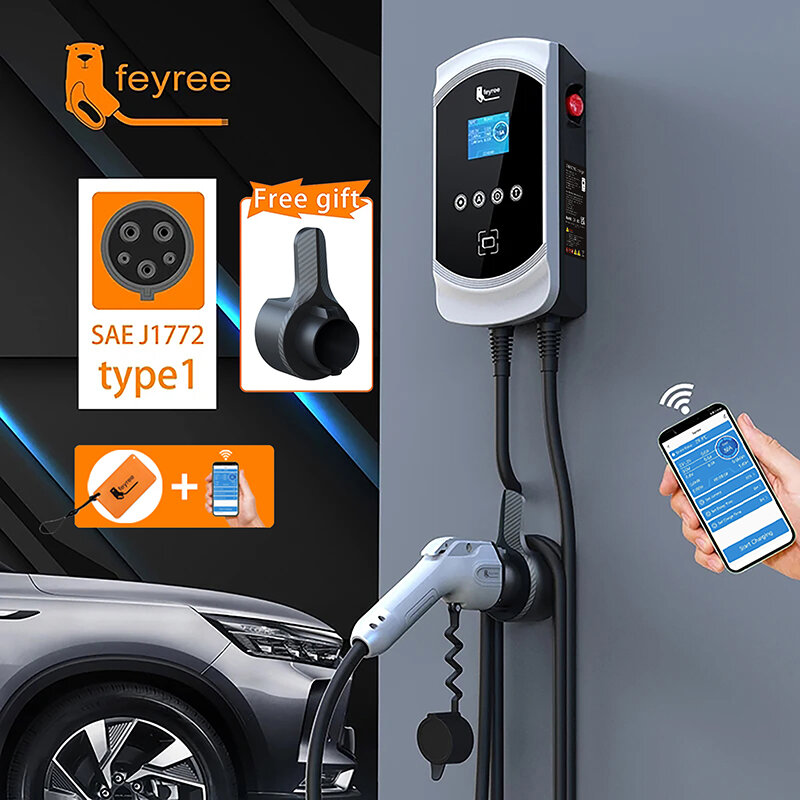 Feyree-EV 충전기 타입 1 케이블 j1772 소켓 32A 40A 50A, 단상, EVSE 월박스 충전 스테이션, 전기 자동차용 앱 제어