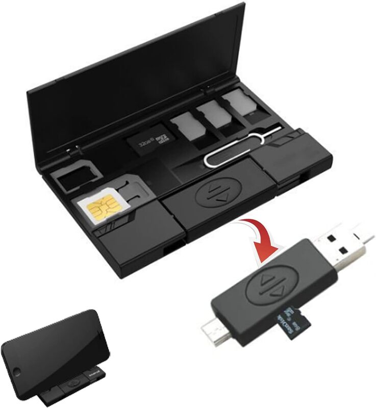 قارئ فلاش بطاقة ذاكرة USB ، قارئ OTG من النوع C للهاتف ، حقيبة تخزين بطاقة SIM وحامل هاتف ، MicroSD TF