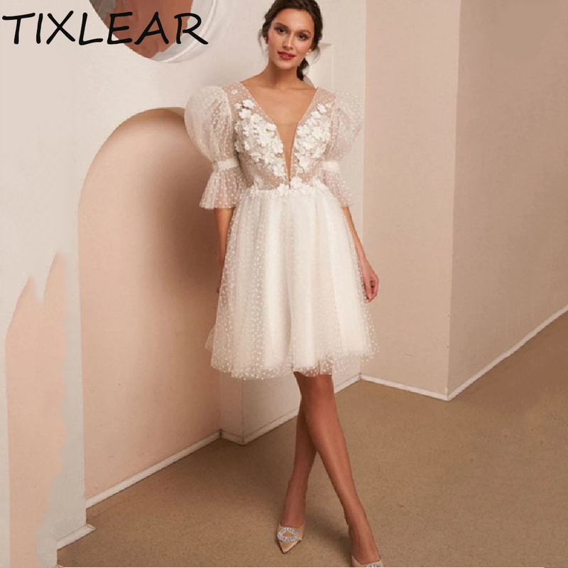 Tixlear-ラインの膝の長さのウェディングドレス、シンプルなVネック、カバーボタン、ハーフパフスリーブ、ブライダルガウン、シンプル