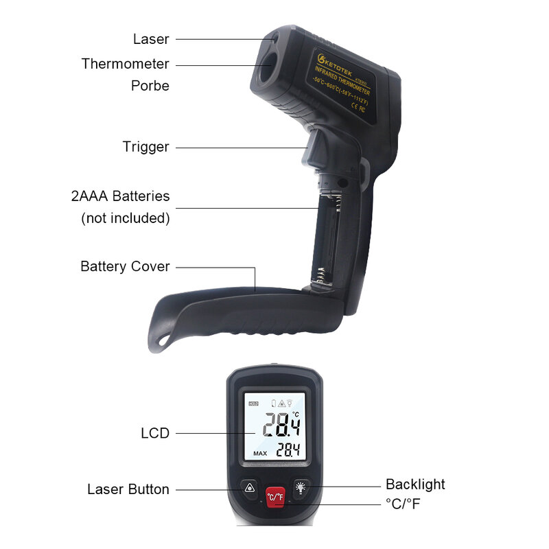 Ketotek Digital Laser IR Infrared Thermometer LCD Non-Contact C F Selection Surface Pyrometer Outdoor  Temperature Meter