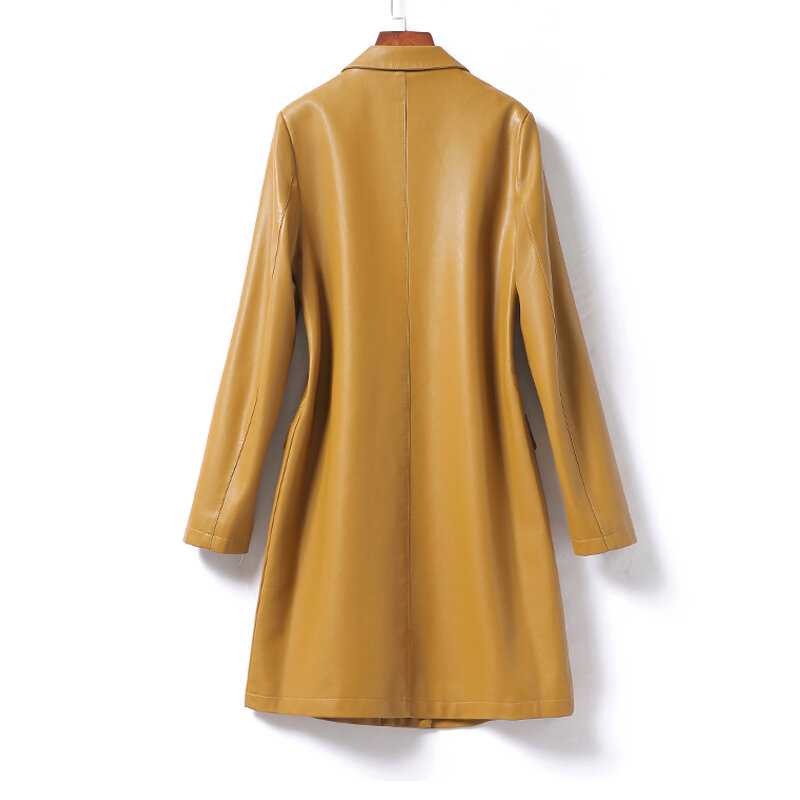 Mantel Trench kulit asli untuk wanita, mantel Luaran Midi panjang kulit domba musim gugur dan dingin 2023, kerah Blazer kancing tunggal untuk wanita
