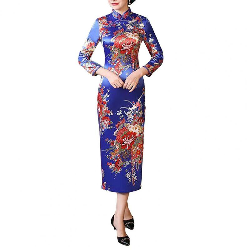 Gaun Cheongsam gaya Tiongkok Retro wanita, gaun Cheongsam motif bunga china elegan dengan kerah berdiri untuk musim panas