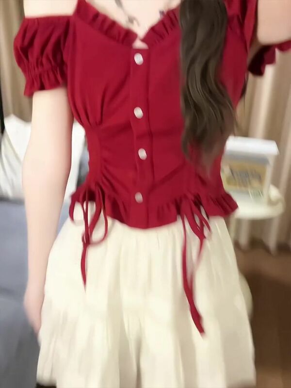 Japan Set Short Skirt Shirt Tops Red Cute Kawayi 2024 Women Fashion New Sexy Short Crop Holiday Solid Color Casual  Blouse Girls