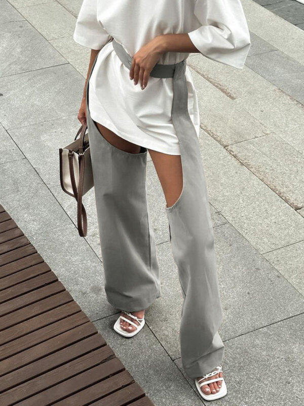 Tossy Sexy Hollow Out Long Pants Women High Waist Straight Patchwork Wide Leg Going Out Evening Club Button  Pants For Women