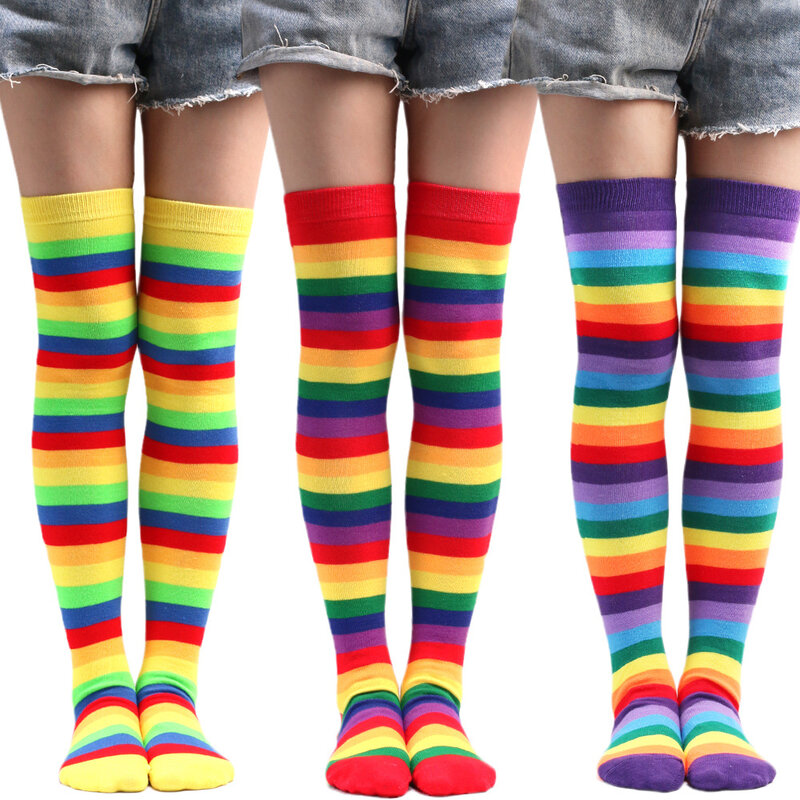 Meias listradas coloridas das mulheres, coxa alta, sobre o joelho meias, meias casuais tubo, aquecedores de perna, traje