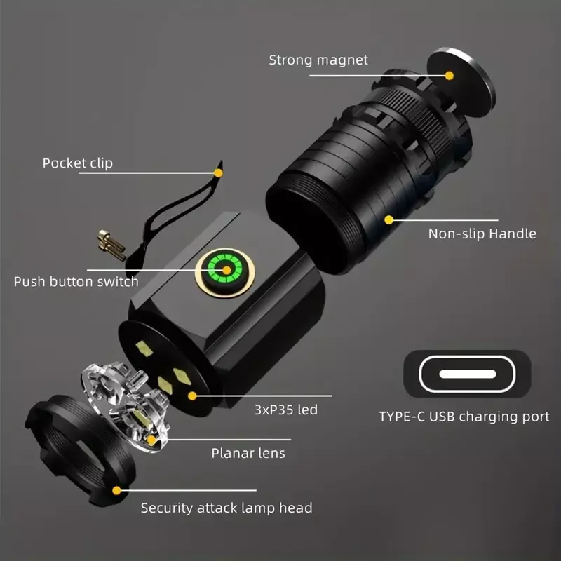 Powerful 2000LM EDC Flashlight Super Bright Keychain Light USB Rechargeable Camping Lantern with Tail Magnet Power Indicator