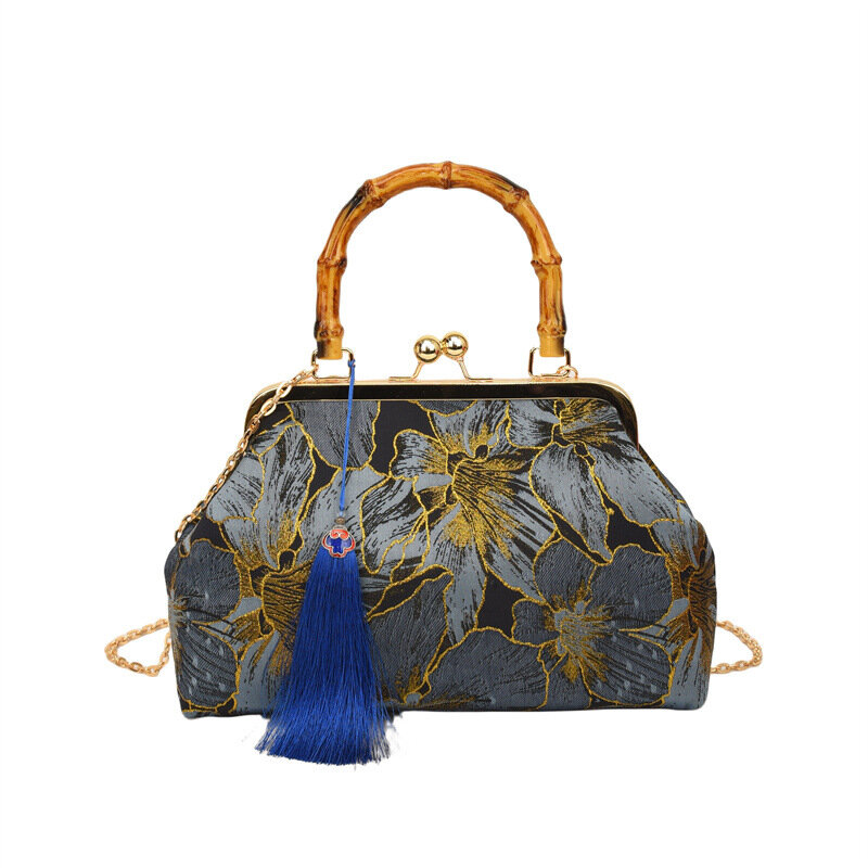 حقيبة كتف على الطراز الصيني للنساء ، شرابة مطرزة ، حقائب يد من الخيزران ، سلسلة ذهبية اللون ، براثن مسائية ، عصرية ،