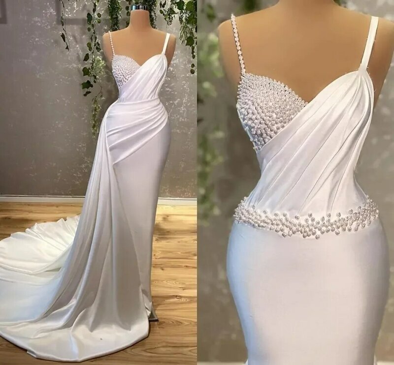 Vestido de novia de sirena Sexy para mujer, vestido de novia de perlas con correa de hombro glamuroso, Blanco, largo hasta el suelo, nuevo, 2024