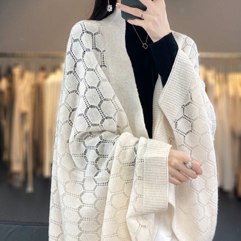 100% Merino wol mode baru kardigan musim semi untuk wanita Grace syal rajutan lembut berlubang desain bulat selendang gaya Korea