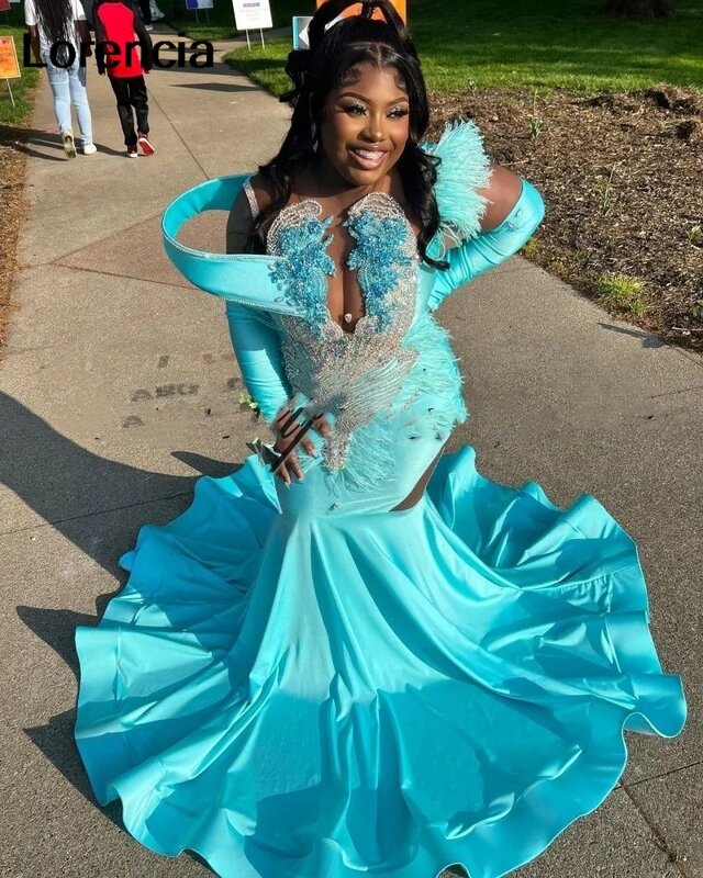 Lorencia African Aso Ebi Aqua Prom Dress For Black Girls Crystal Beading Satin Mermaid Feathers Party Gown Robe De Soirée YPD22