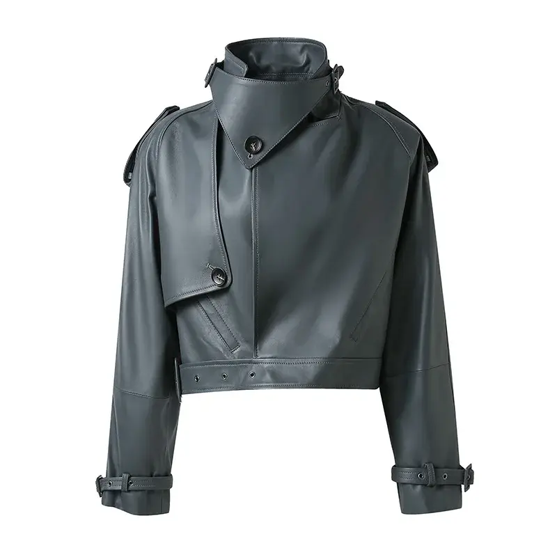 Jaqueta de couro real feminina com cinto, casaco de motocicleta, gola virada para baixo, moda feminina, streetwear