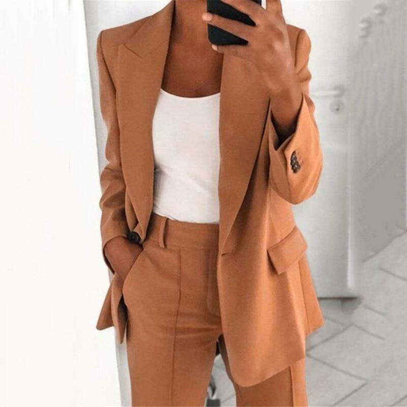 인기있는 여성용 긴팔 버튼 블레이저, 단색 아웃웨어, 사무실용 세트 재킷