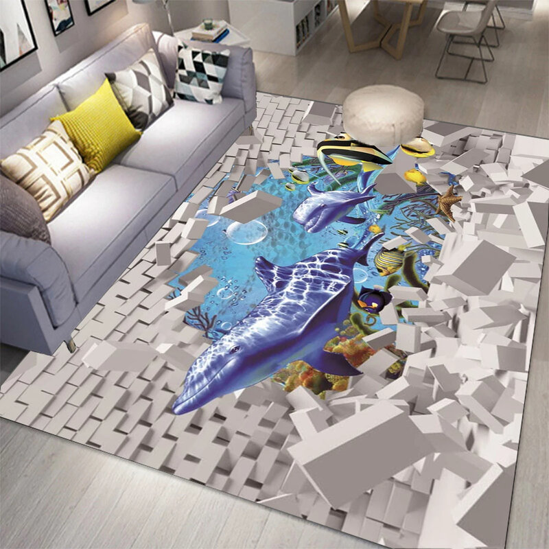 Bawah Air World Ocean karpet hewan 3D ikan lumba-lumba Area karpet untuk ruang keluarga kamar tidur kamar mandi keset dekorasi Non-Slip keset lantai