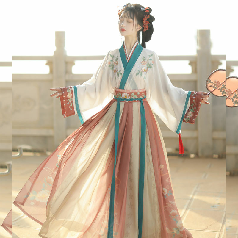 Hanfu bordado autêntico para mulheres, hanfu elegante para adulto, feito em jin, estilo chinês, vestido diário, novo