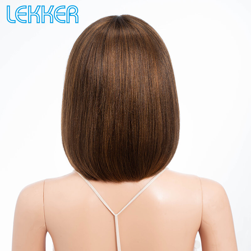Lekker Ready Wear Ombre Brown Short Straight Bob Human Hair Wigs With Bangs For Women Brazilian Remy Hair Colored Glueless Wigs