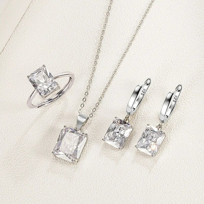 925 Sterling Silver Ring Earrings Necklace For Women Rectangle Geometry Zircon Wedding Elegant Jewelry Sets Free Shipping Items