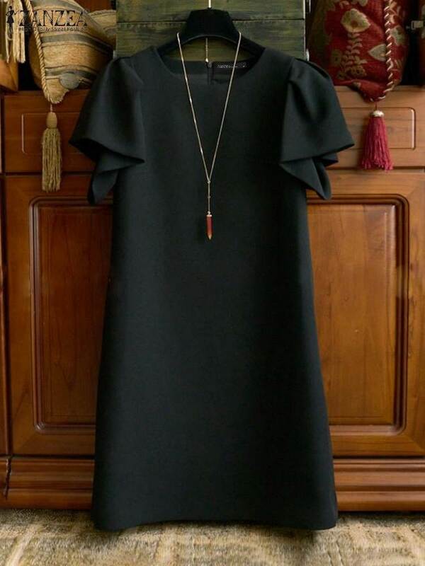 Мини-сарафан ZANZEA женский с оборками на рукавах, винтажное однотонное модное офисное платье, Повседневная Свободная одежда с круглым вырезом, лето 2024