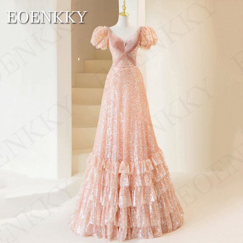 Gaun Prom berpayet merah muda lengan Puff berkilau mewah gaun acara Formal leher V berjenjang gaun pesta panjang lantai