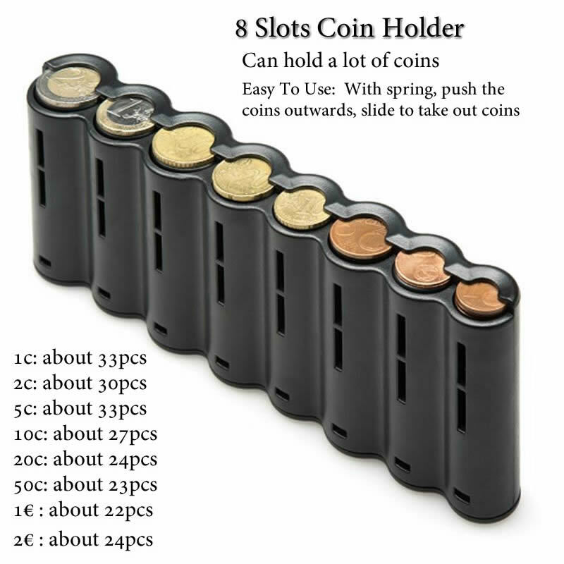 Black 8 Slots Euro Coin Dispenser Coin Holder Sorter Collector With Spring Waiter Cashier Driver Small Change Storage Safe Box