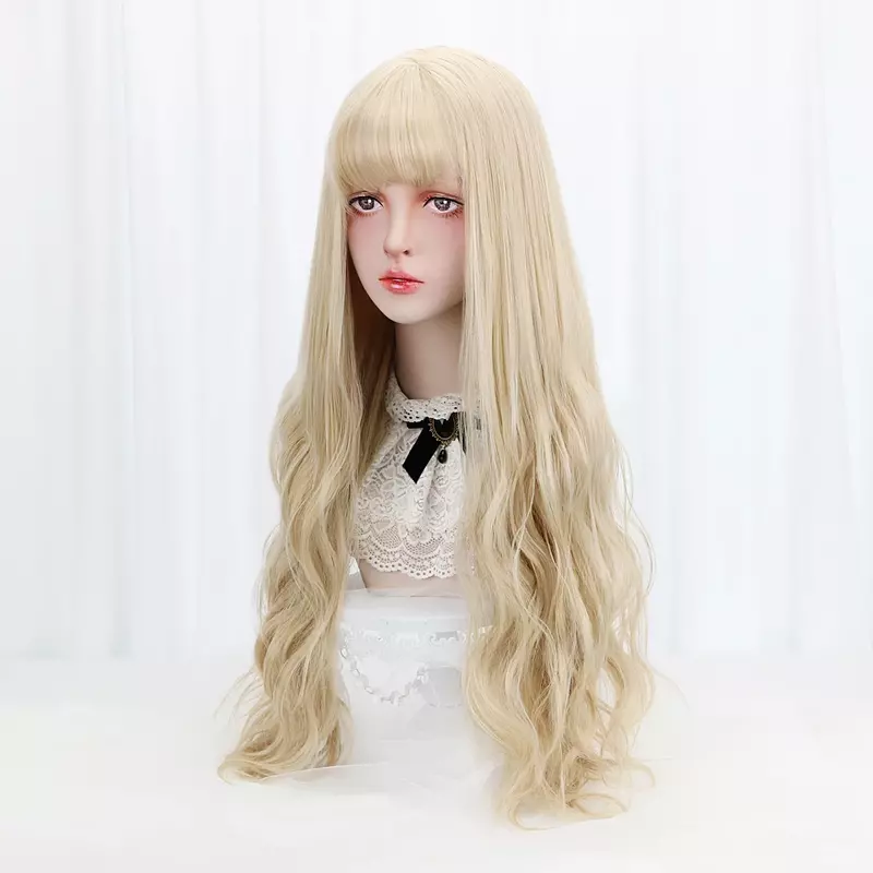 ACAG długie faliste syntetyczna blondynka 32 "Cosplay Lolita peruki z grzywką do włosów dla kobiet impreza przebierana włókna wysokotemperaturowego