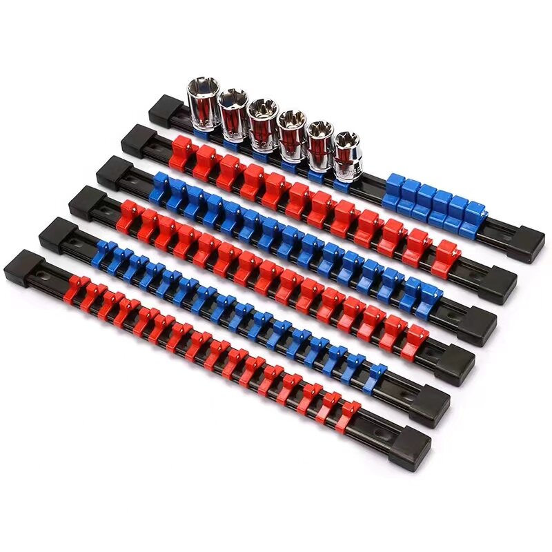 Organizador de enchufes ABS de 1/2 pulgadas y 3/8 pulgadas, soportes de riel de accionamiento de Clip, bastidores de enchufes resistentes con Clips rojos, azules y negros