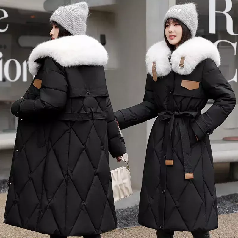 여성용 화이트 퍼 칼라 다운 코튼 파카 패딩 코트, 무릎 위 긴 허리, 따뜻한 두꺼운 파카 코트, 겨울 2023, 새로운 패션