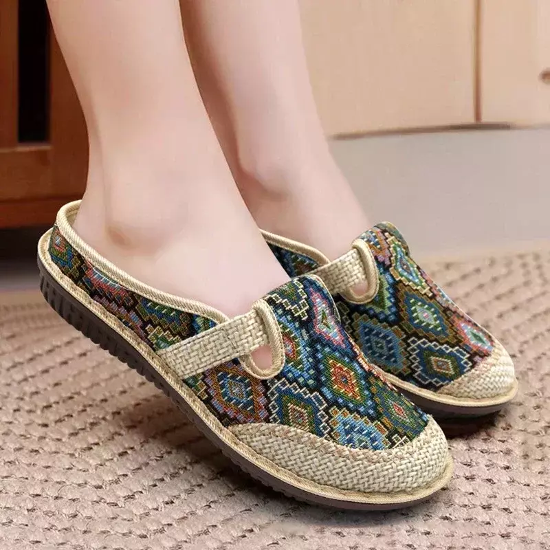 2024 New Fashion Women's Shoes Ethnic Style Embroidered Linen Breathable Outdoor Casual Slippers Shoes for Women
