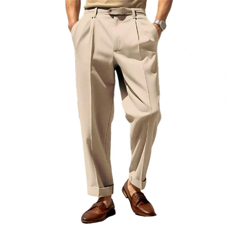 Men Suit Pants Mid Waist Loose Straight Wide Leg Pockwes Formal Business Ankle Length Men Commute Office Trousers