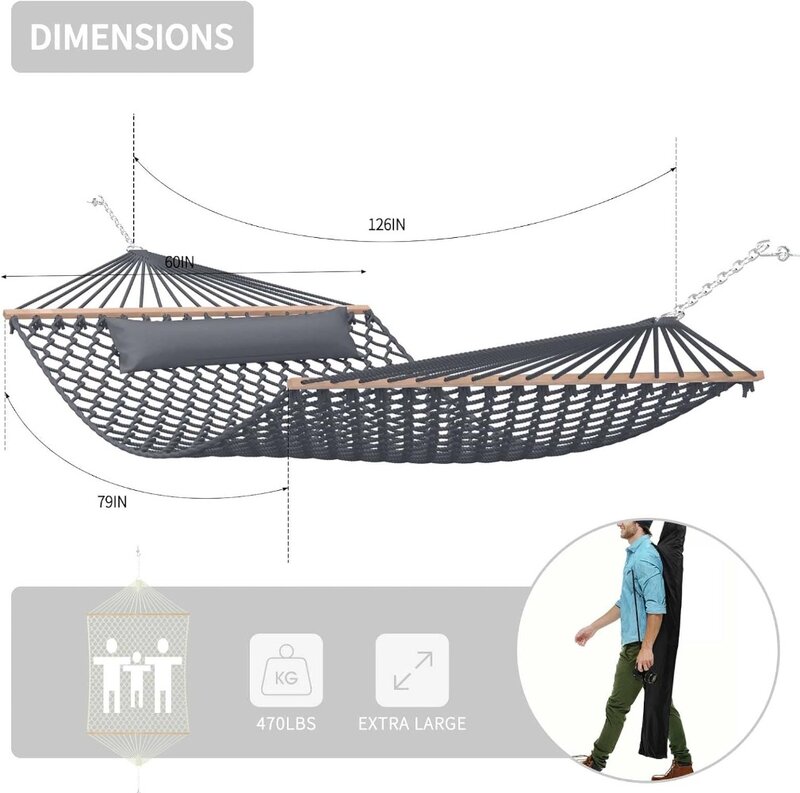 13FT Hammocks, Traditional Hand Woven Cotton Rope Hammock with Free Extension Chains for Outdoor Indoor Patio Yard 450 LSB