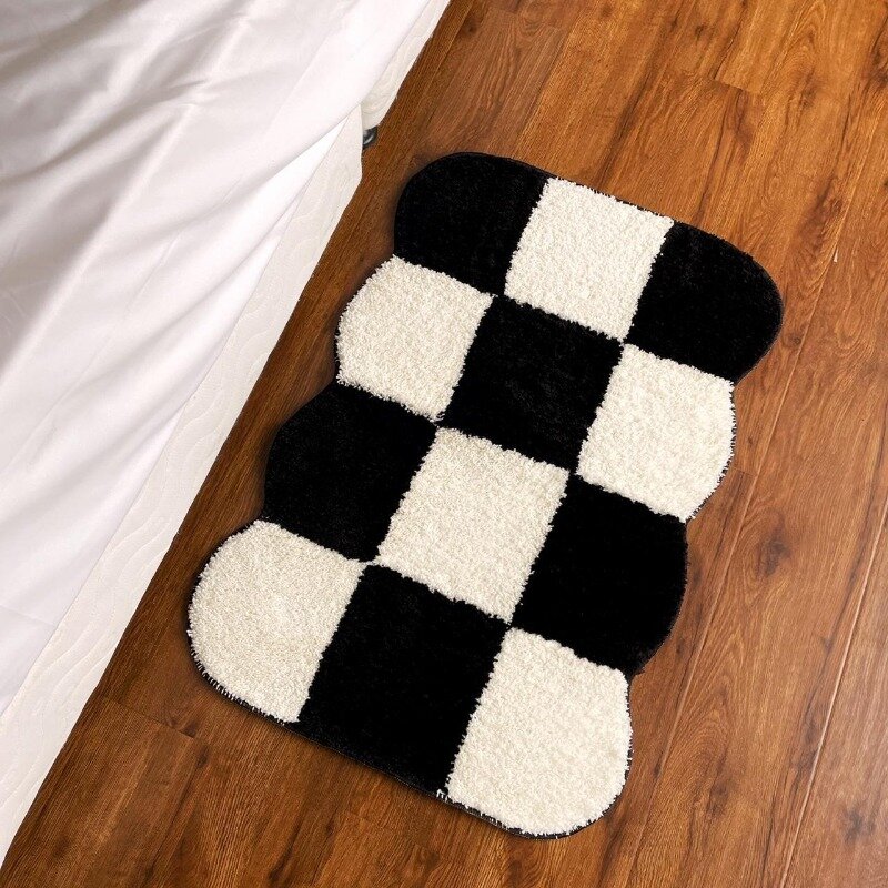 Tufting Black & White Thickened Irregular Bathroom Floor Mat,Absorbent Non Slip Bathtub Carpet,Plush Foot Pad  Rugs for Bedroom