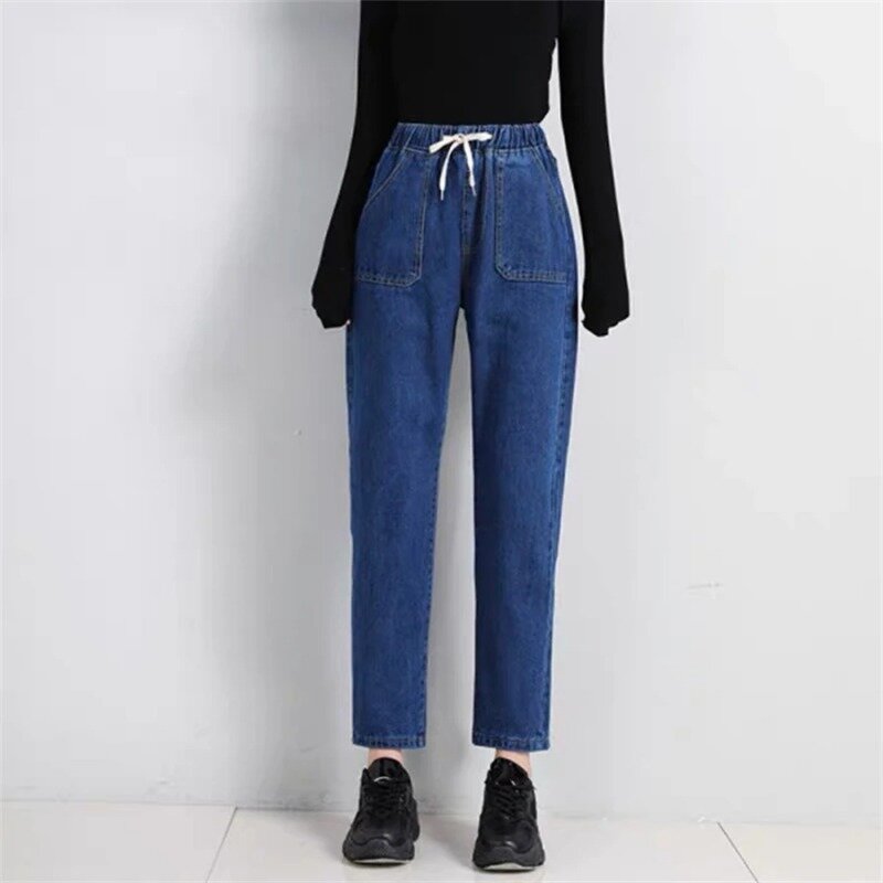 Women New Vintage Casual Baggy Denim Pants High Waist Ankle-length Harem Jeans Lace Up Korean Pantalones Straight Vaqueros