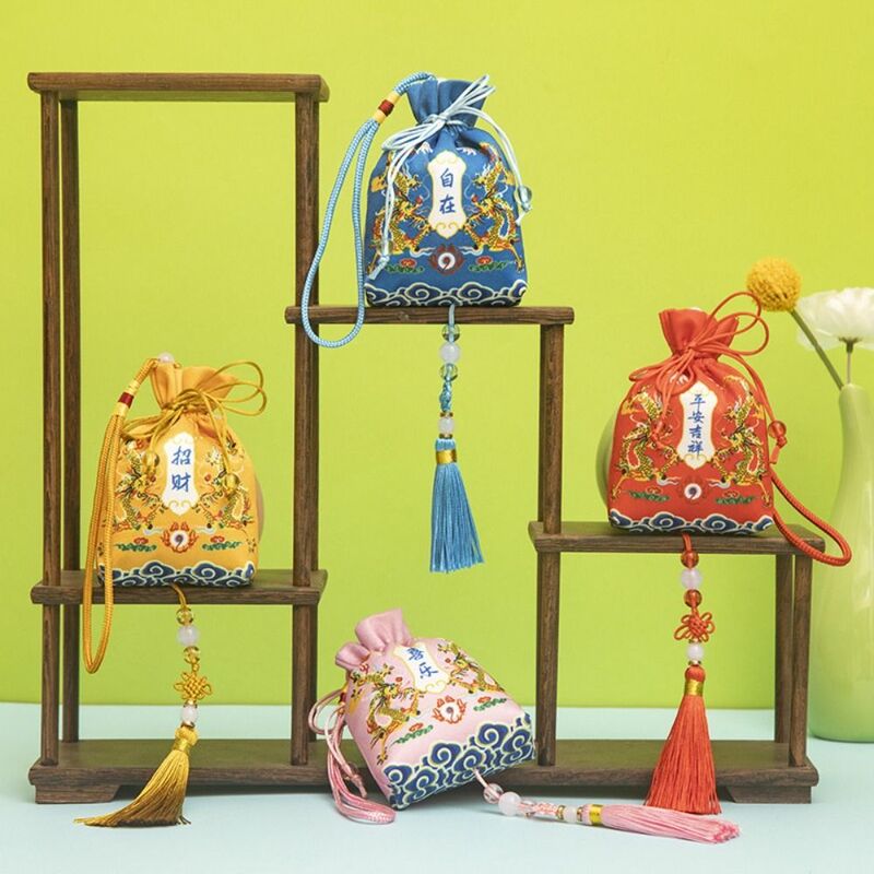 Сумка на удачу в стиле дракона, саше, маленькая сумочка в китайском стиле с принтом и кисточкой, сумка для хранения ювелирных изделий