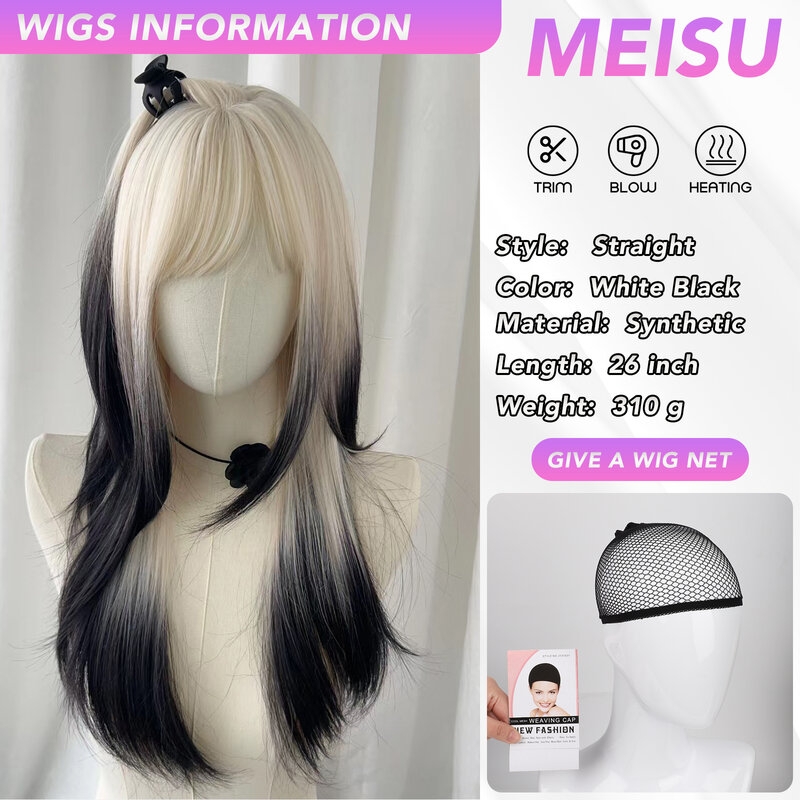 MEISU-peruca reta com franja de ar para mulheres, peruca de fibra sintética, resistente ao calor, festa natural ou selfie, preto e azul, uso diário, 24 in