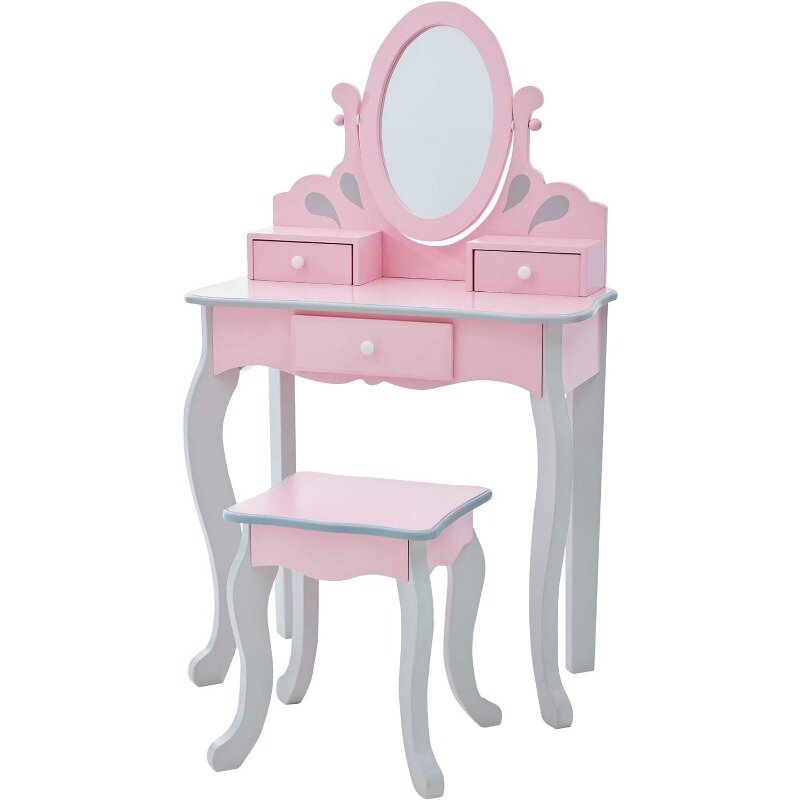 Princess Rapunzel Wooden 2-pc.Play VanitySet withThree Storage Drawers, Rotating Oval Mirror and Matching Stool to Play Dress-Up